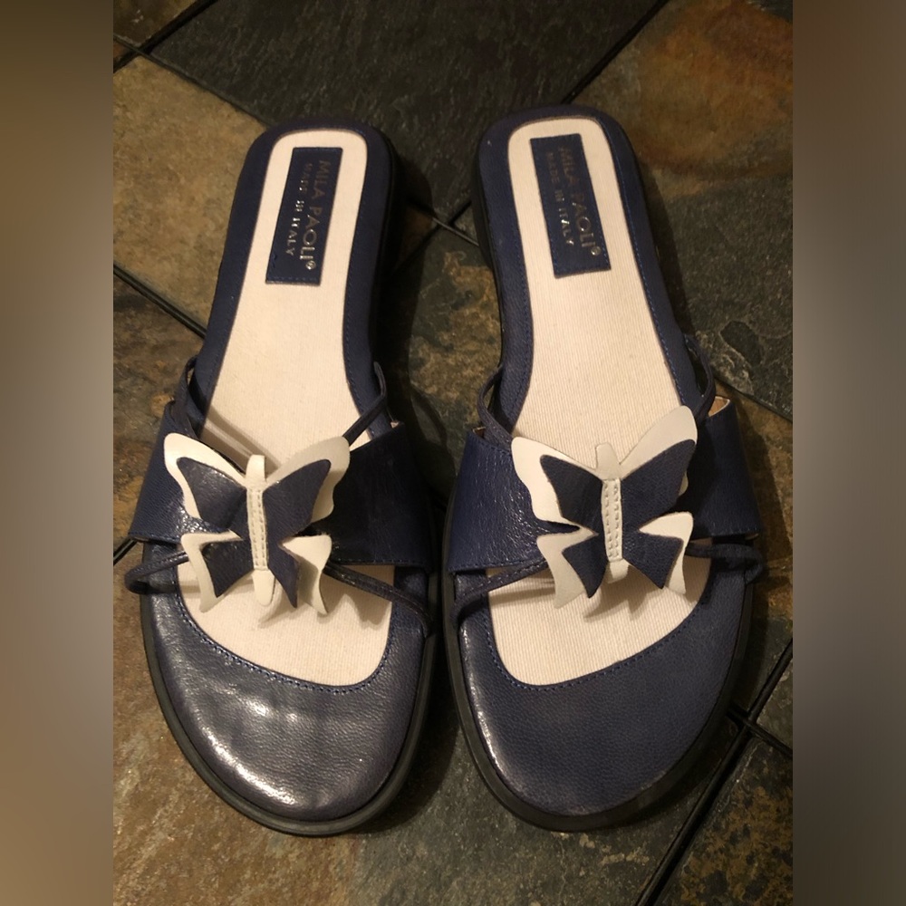 Butterfly Slide Leather Sandals Mila Paoli Navy Cream Size 10 Never Worn